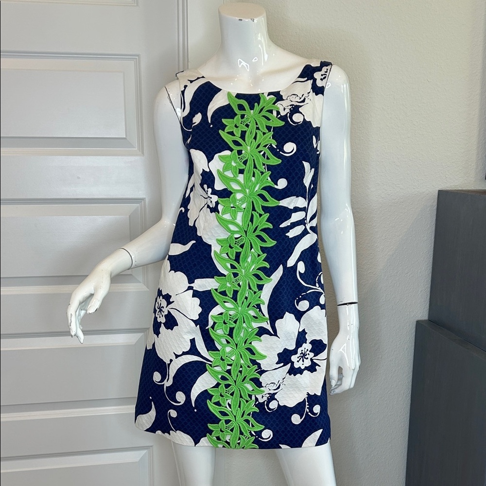 Lilly Pulitzer Navy, White & Lime Green Floral Shift Mini Dress
